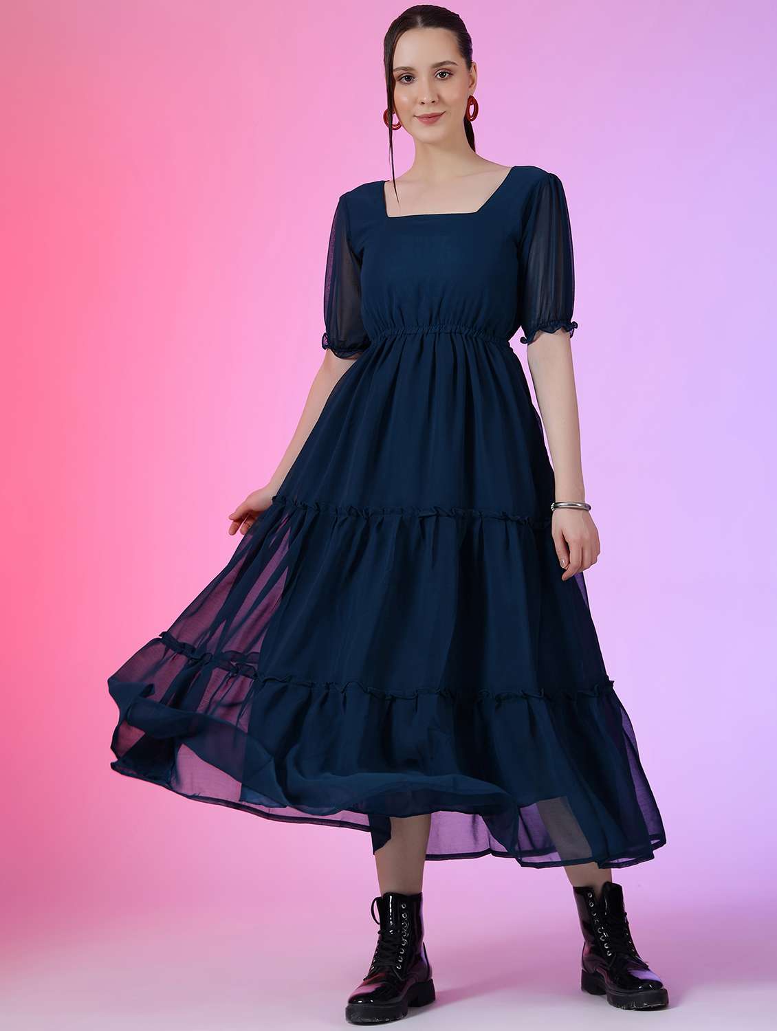 women solid puff sleeve tiered dress