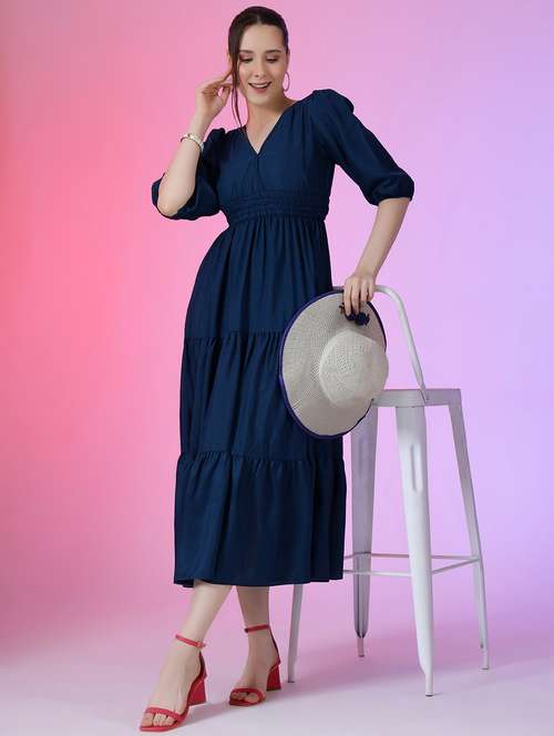 women solid puff sleeve tiered dress - 22051796 -  Standard Image - 0