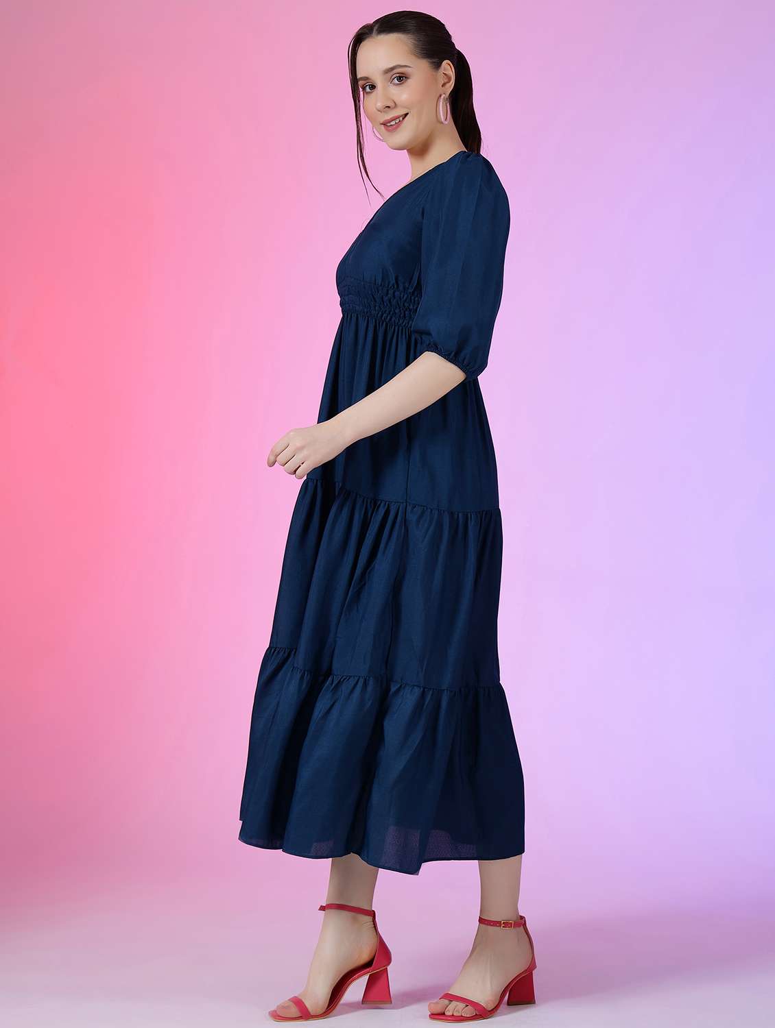 women solid puff sleeve tiered dress - 22051798 -  Standard Image - 1