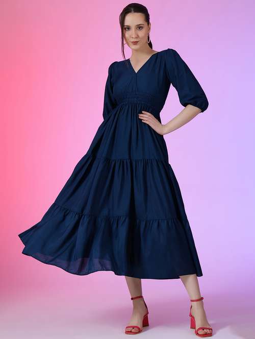 women solid puff sleeve tiered dress - 22051804 - Standard Image - 0