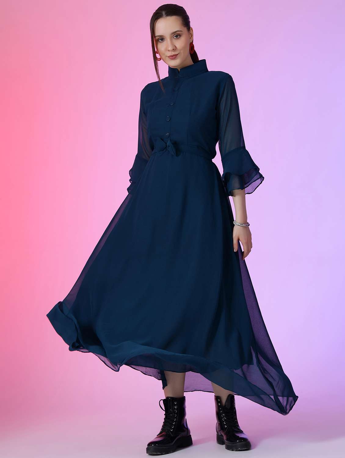 women solid bell sleeve fit & flare dress
