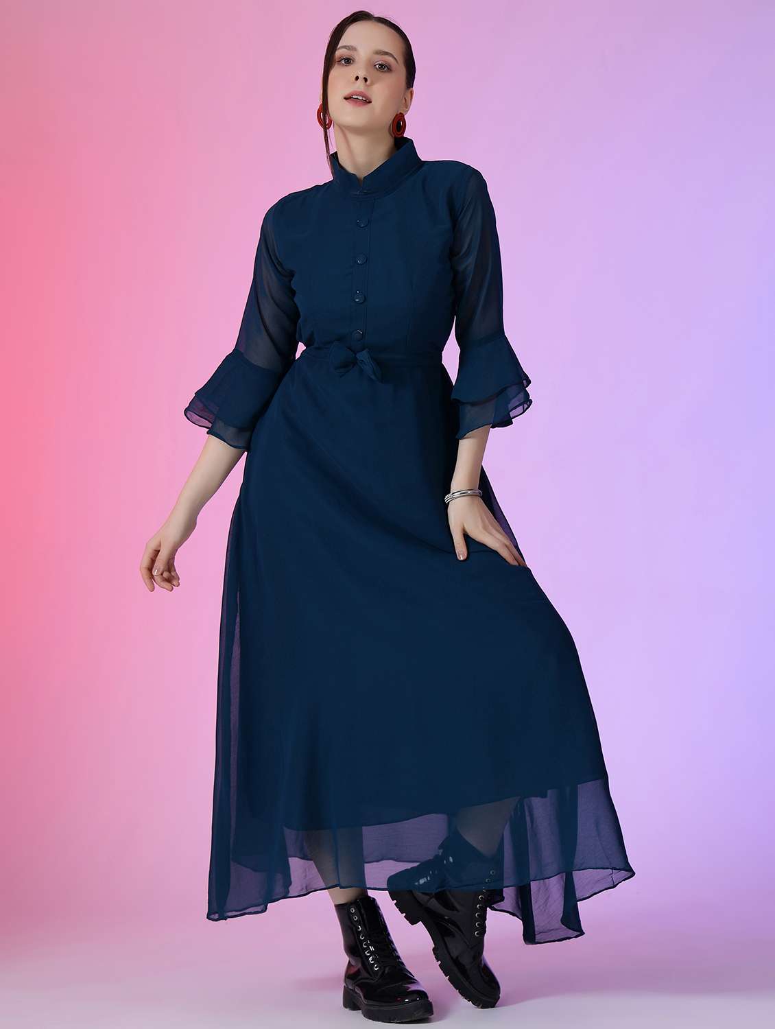 women solid bell sleeve fit & flare dress - 22051811 -  Zoom Image - 0
