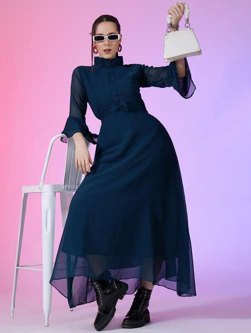 women solid bell sleeve fit & flare dress - 22051812 -  Standard Image - 0