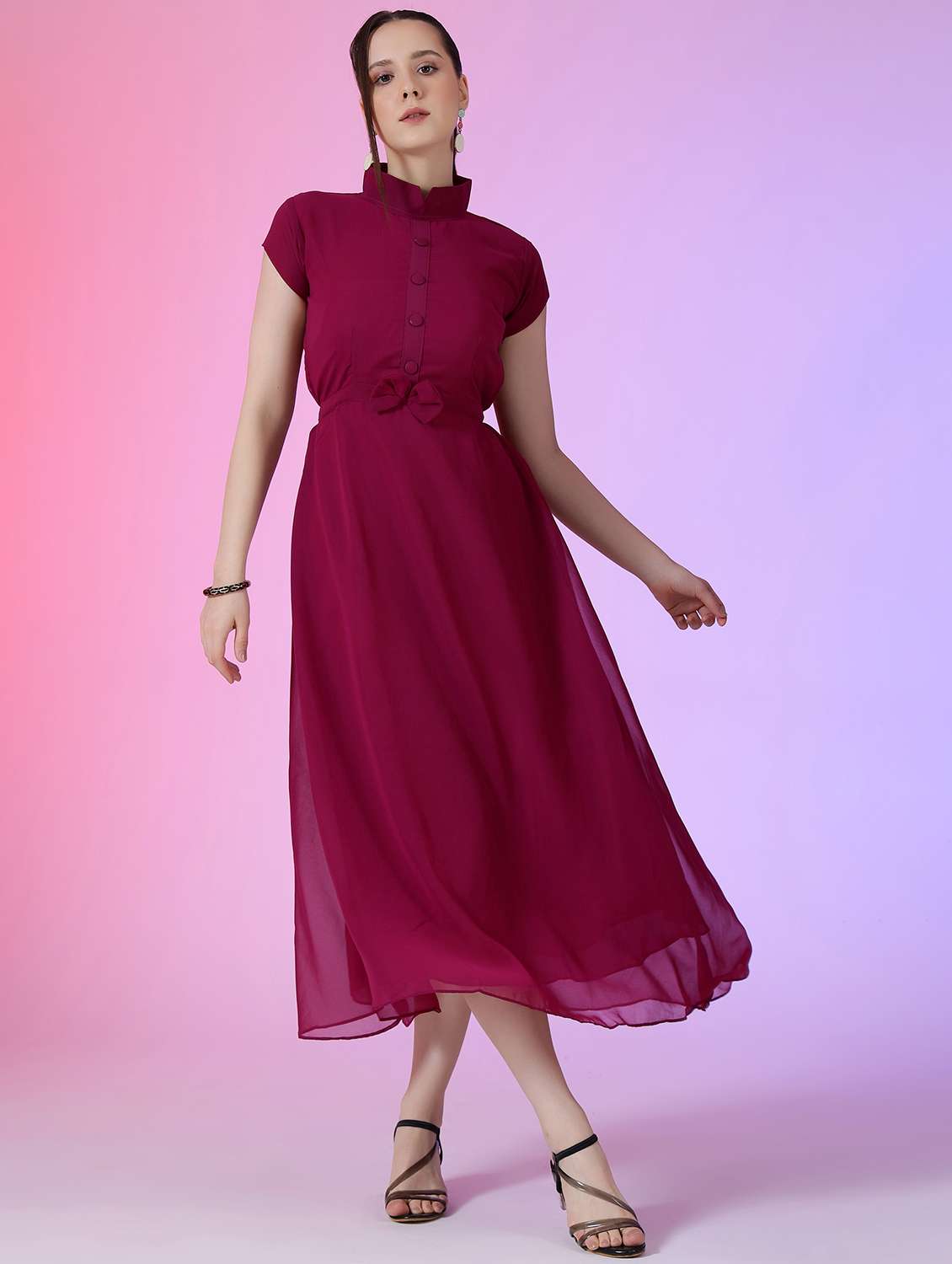 women solid short sleeve fit & flare dress