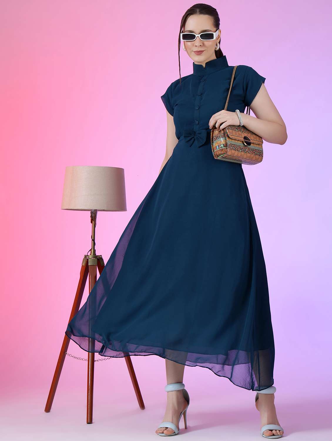 women solid short sleeve fit & flare dress - 22051817 -  Zoom Image - 0