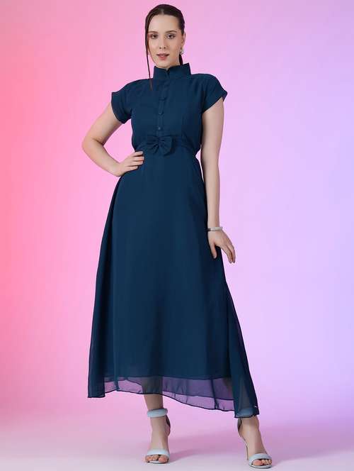 women solid short sleeve fit & flare dress - 22051820 -  Standard Image - 0