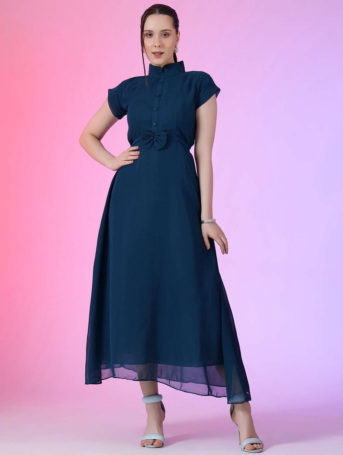 women solid short sleeve fit & flare dress - 22051820 -  Zoom Image - 0