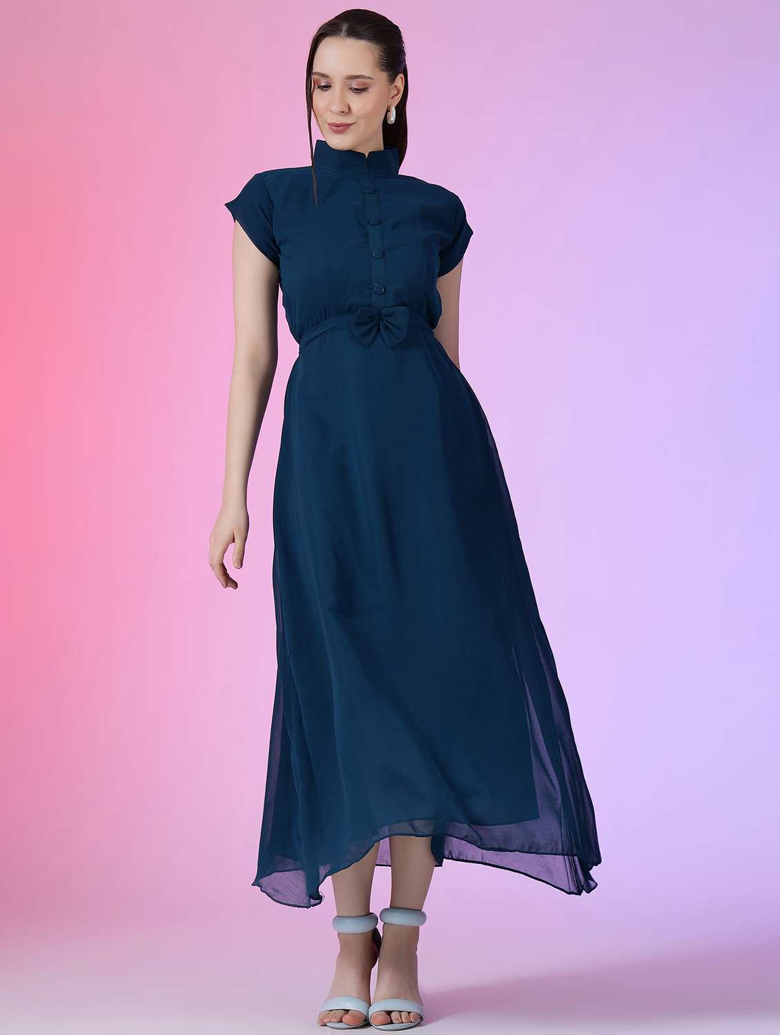 women solid short sleeve fit & flare dress