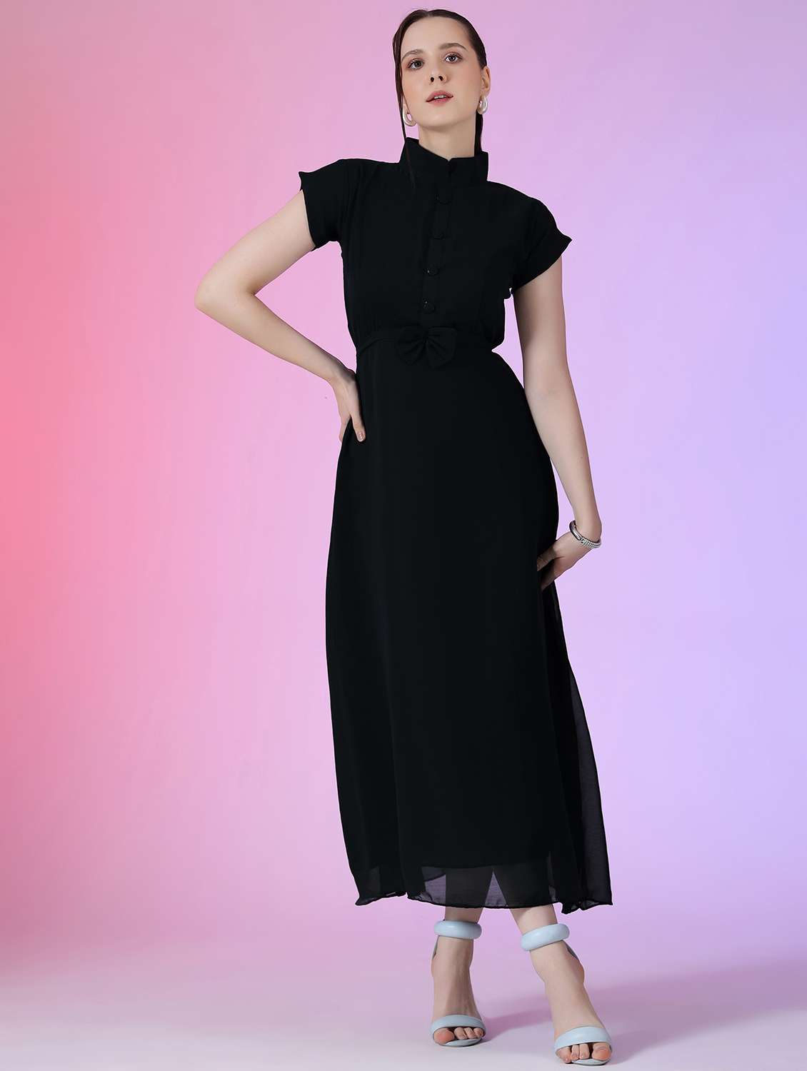 women solid short sleeve fit & flare dress