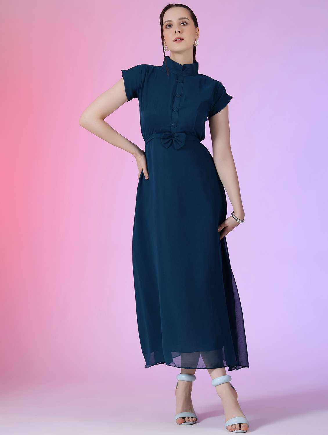 women solid short sleeve fit & flare dress - 22051826 -  Zoom Image - 0
