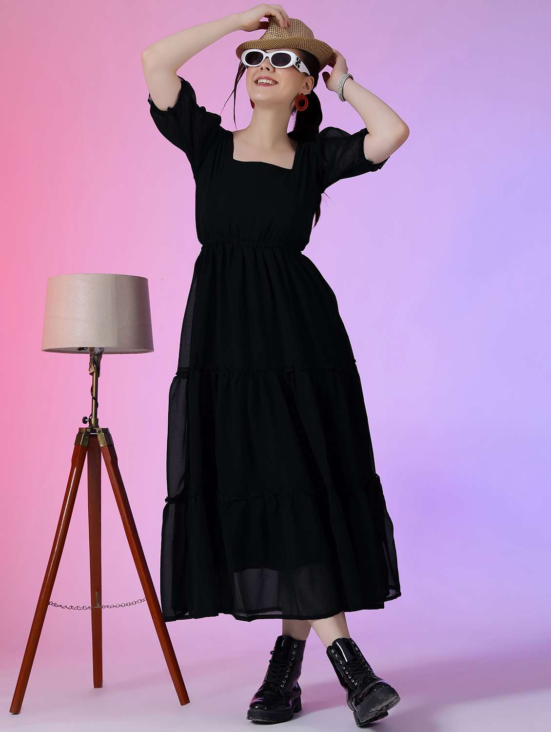 women solid puff sleeve tiered dress - 22051831 - Zoom Image - 0