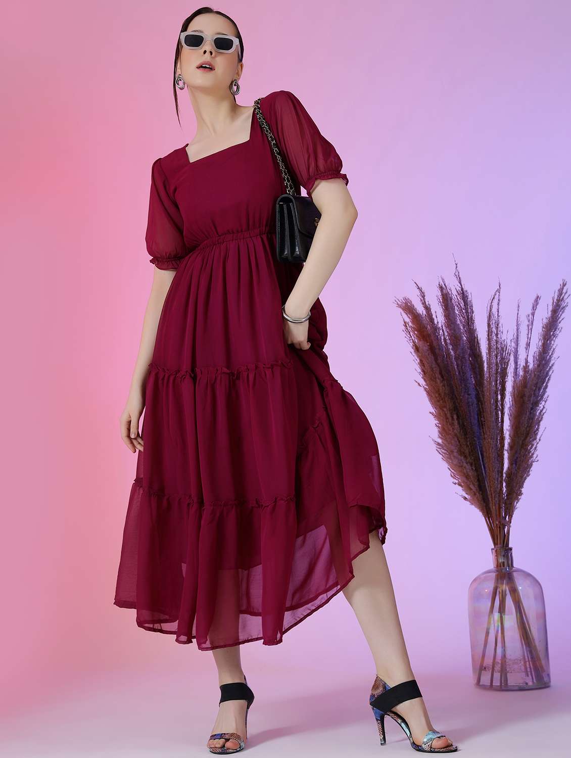 women solid puff sleeve tiered dress