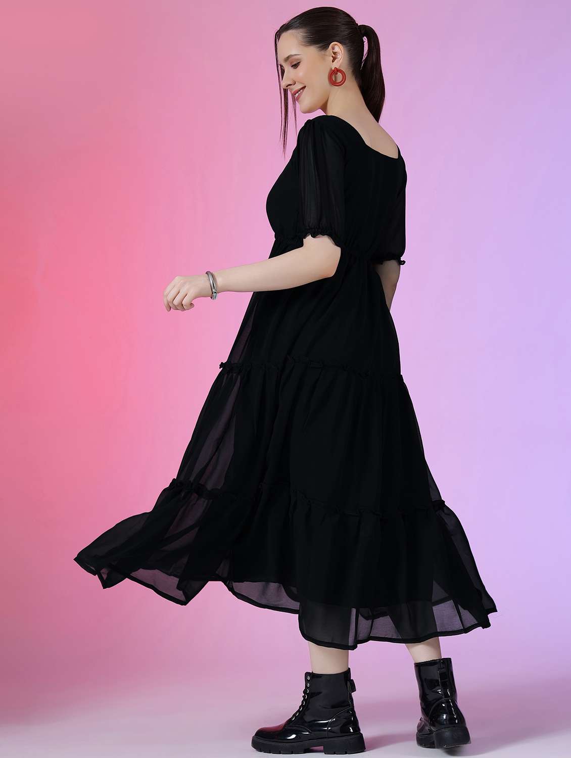 women solid puff sleeve tiered dress - 22051837 -  Standard Image - 1