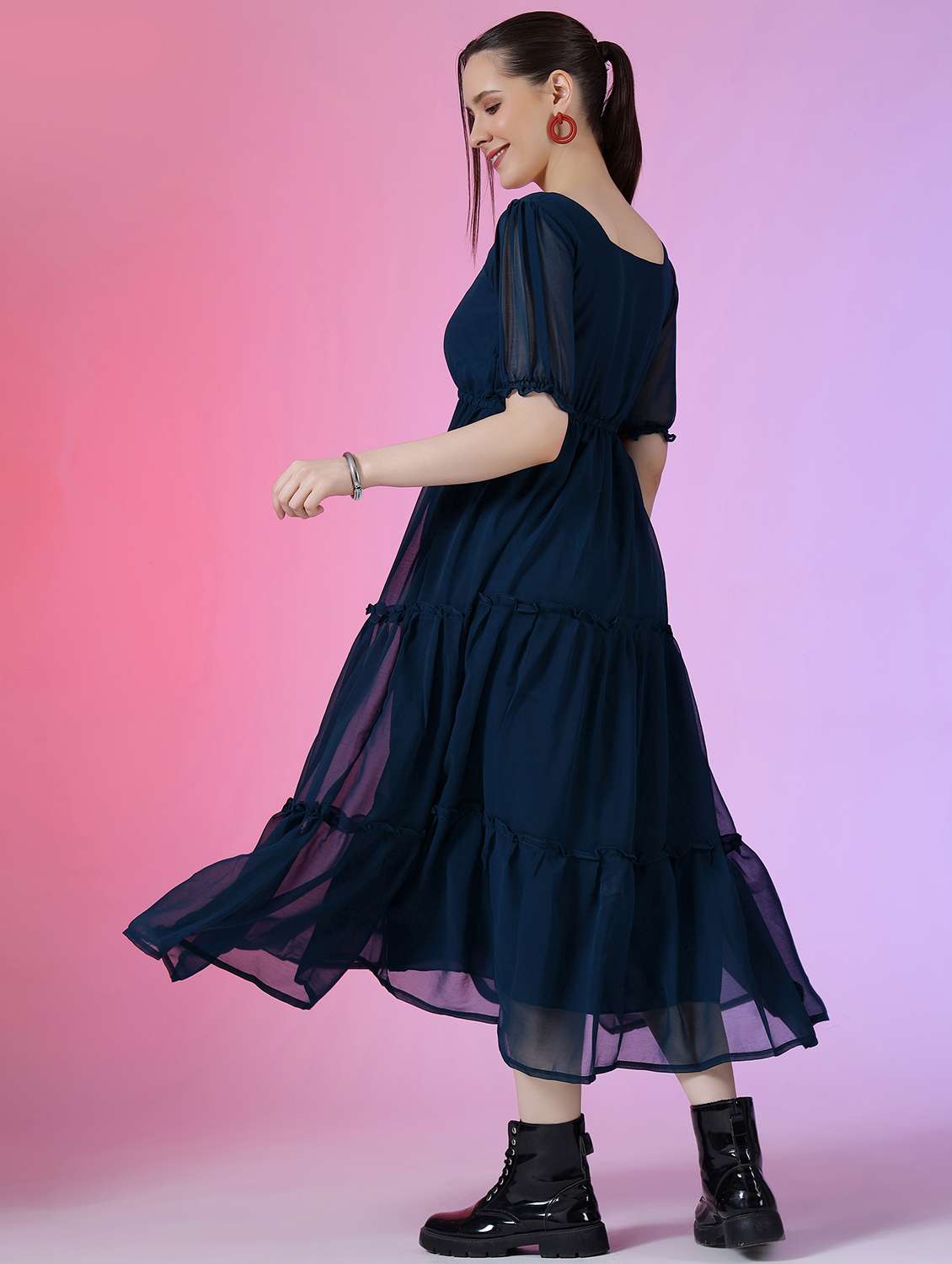 women solid puff sleeve tiered dress - 22051838 -  Standard Image - 1