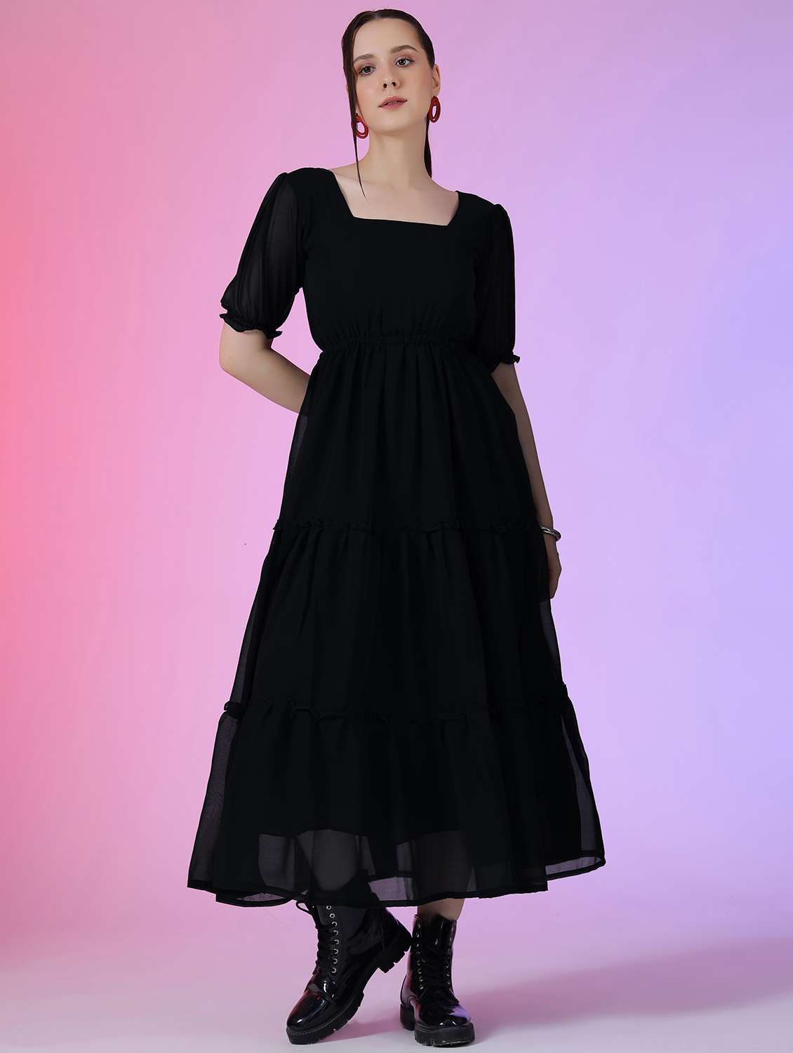 women solid puff sleeve tiered dress