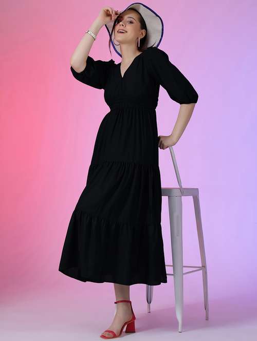 women solid puff sleeve tiered dress - 22051853 -  Standard Image - 0