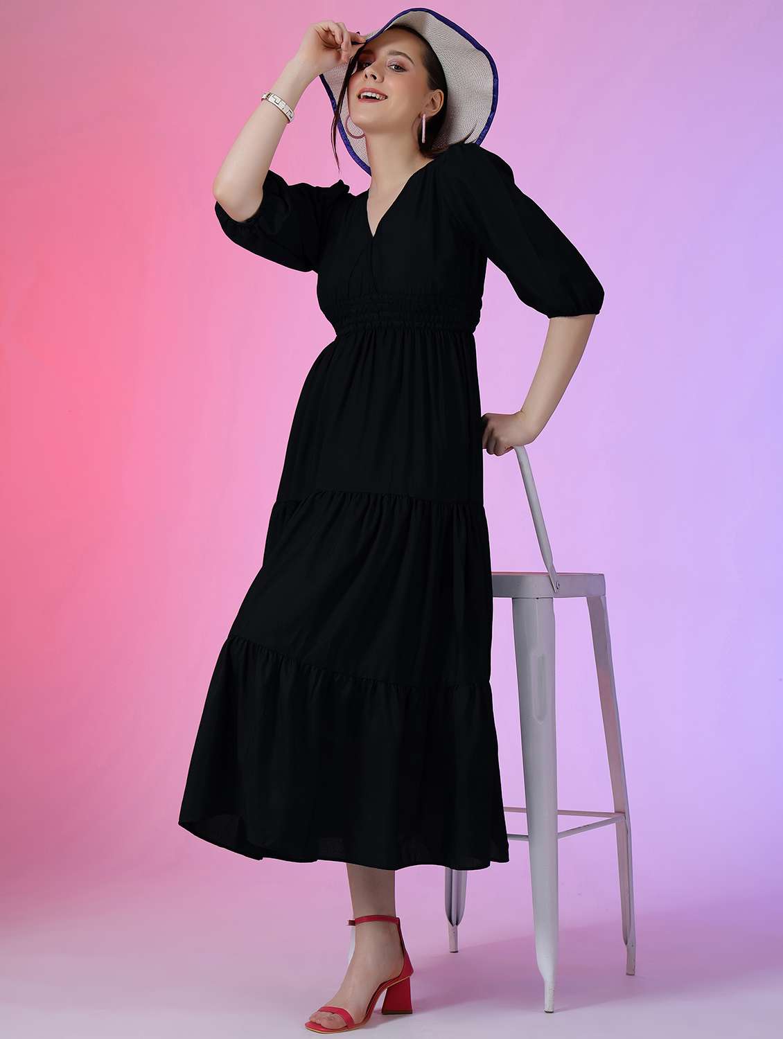 women solid puff sleeve tiered dress