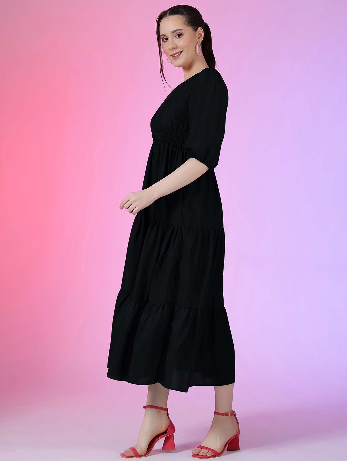 women solid puff sleeve tiered dress - 22051859 -  Standard Image - 1