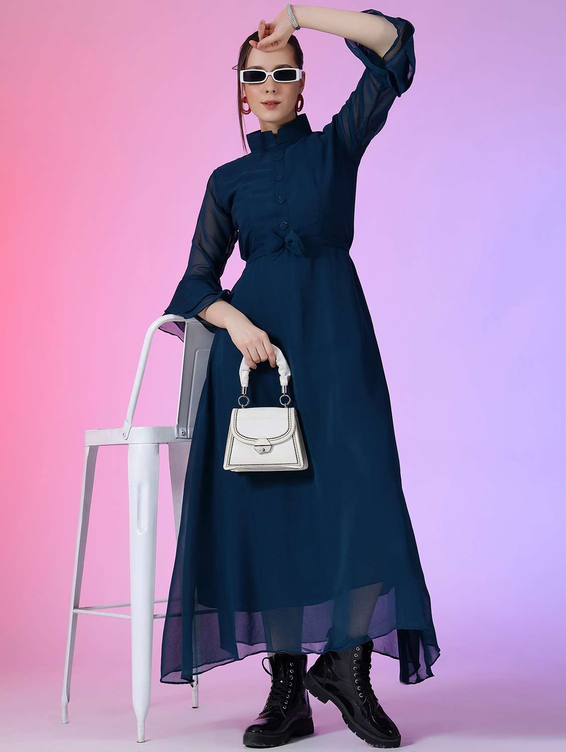 women solid bell sleeve a-line maxi dress