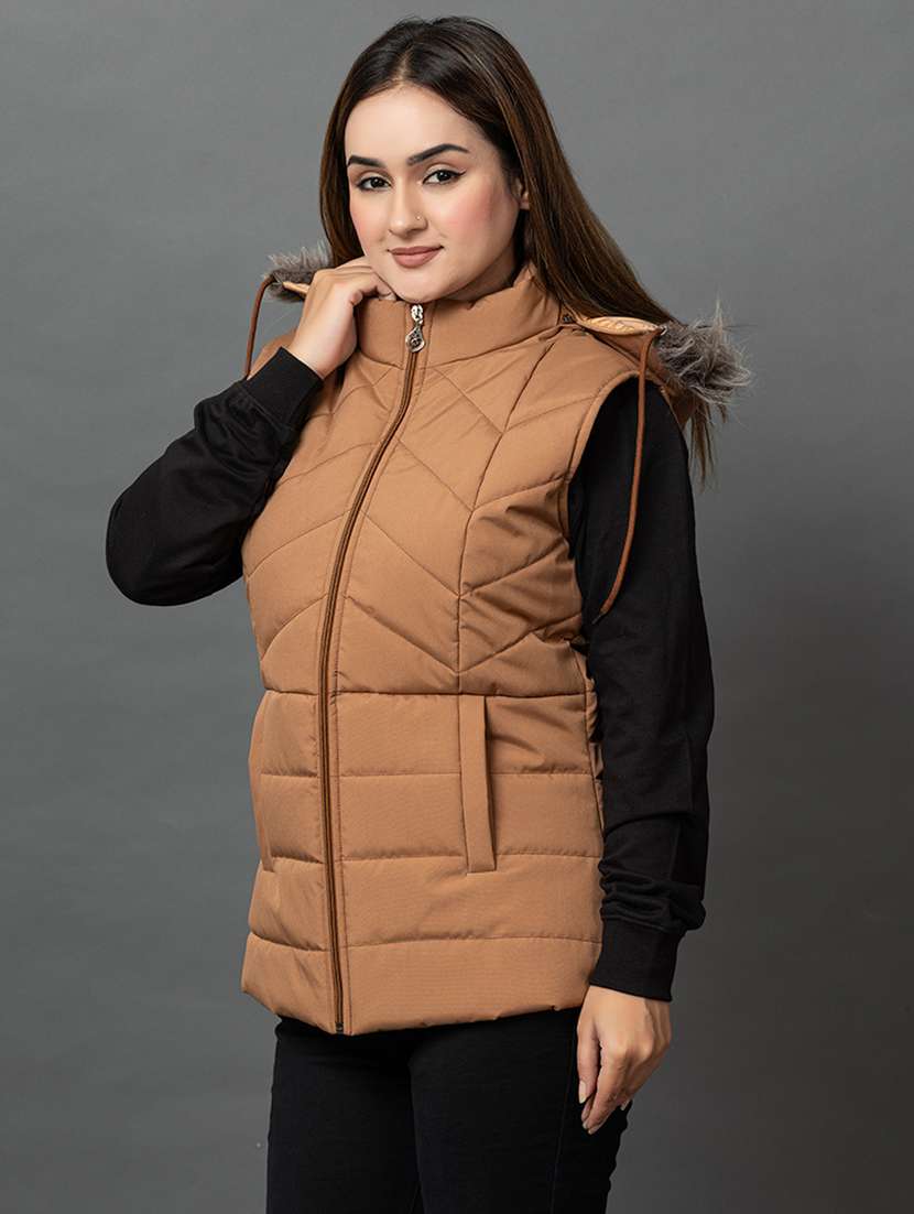 women solid sleeveless hooded parka jacket - 22051953 -  Standard Image - 1