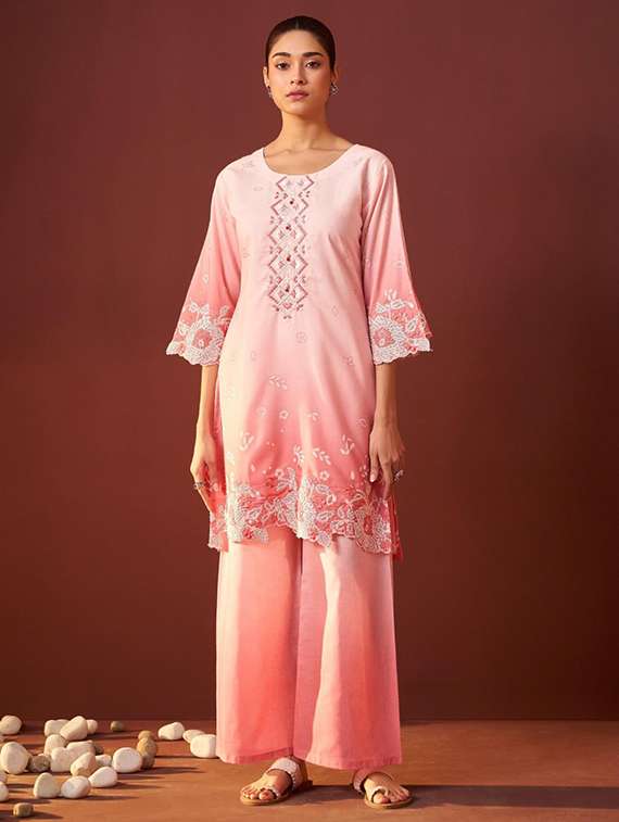 women three quarter sleeve regular fit ethnic co-ord set - 22052040 -  Standard Image - 1