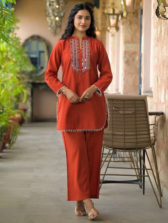 women three quarter sleeve regular fit ethnic co-ord set - 22052047 - Standard Image - 1