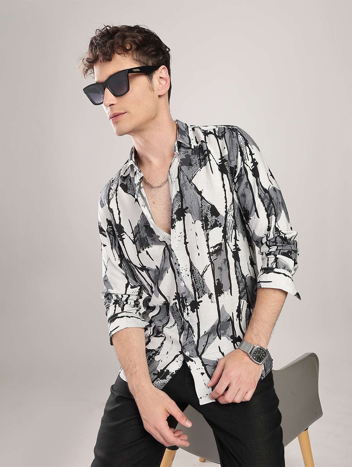 men printed collared long sleeve regular fit shirt