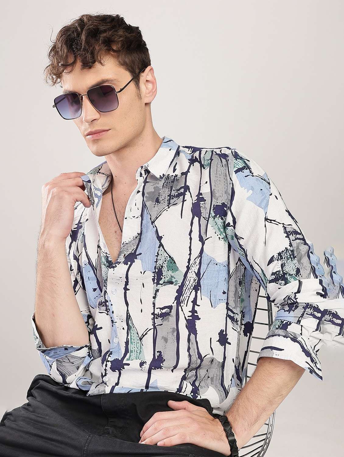 men printed collared long sleeve regular fit shirt