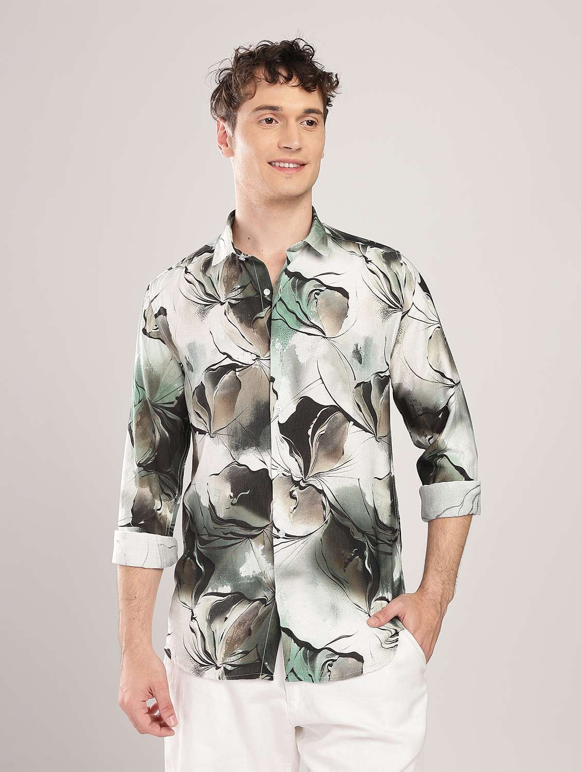 men printed collared long sleeve regular fit shirt