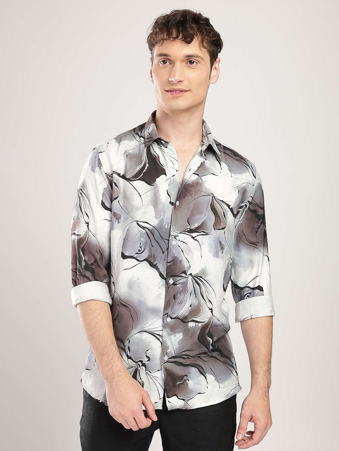 men printed collared long sleeve regular fit shirt