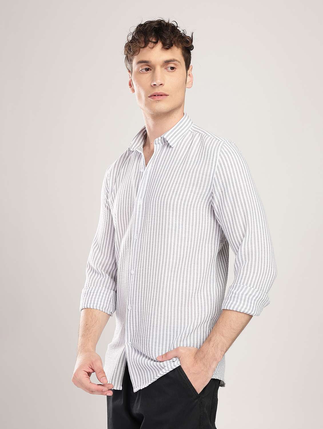 men solid collared long sleeve regular fit shirt - 22052143 -  Standard Image - 1