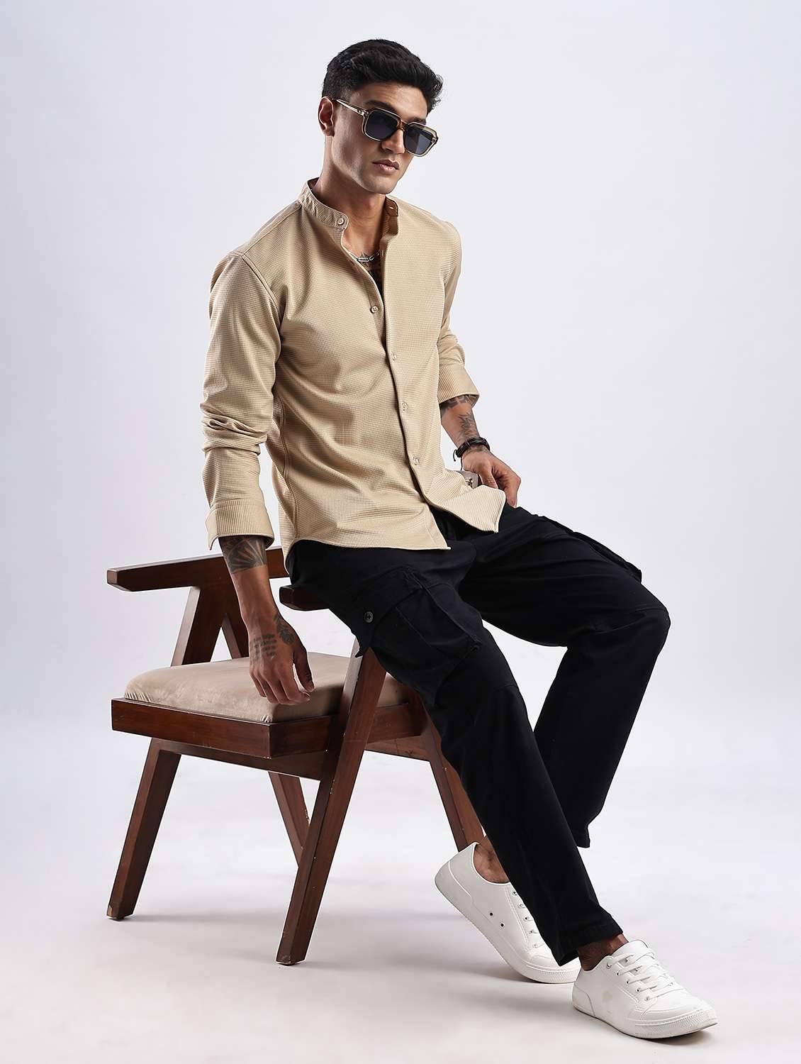 men solid mandarin collar long sleeve regular fit shirt - 22052147 -  Standard Image - 1