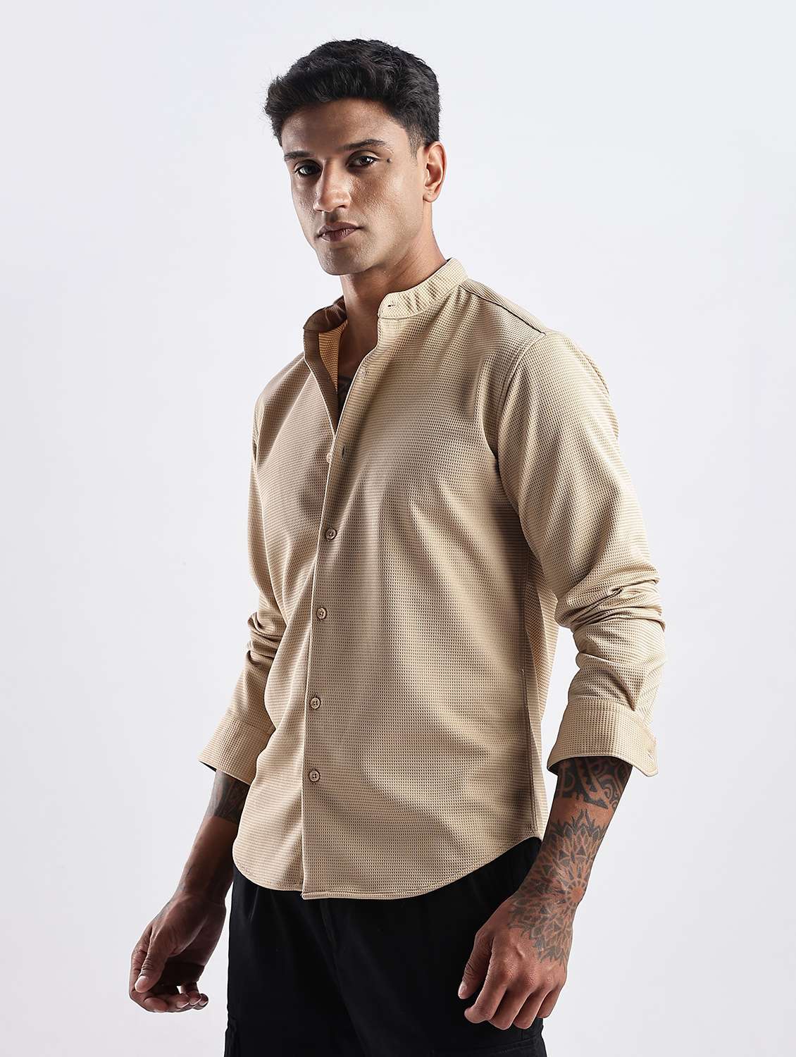 men solid mandarin collar long sleeve regular fit shirt - 22052147 -  Standard Image - 4