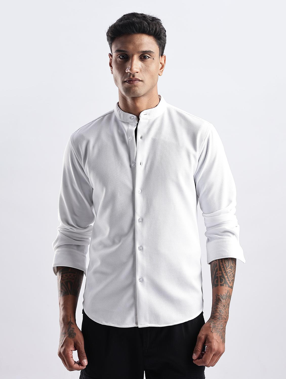 men solid mandarin collared long sleeve regular fit shirt - 22052148 - Standard Image - 1