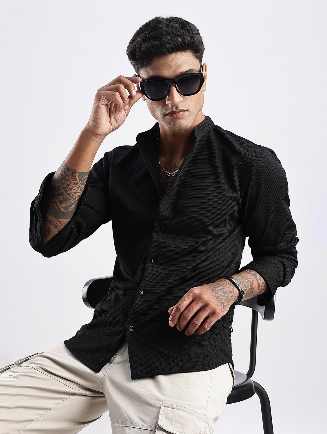 men solid mandarin collared long sleeve regular fit shirt - 22052149 - Zoom Image - 0