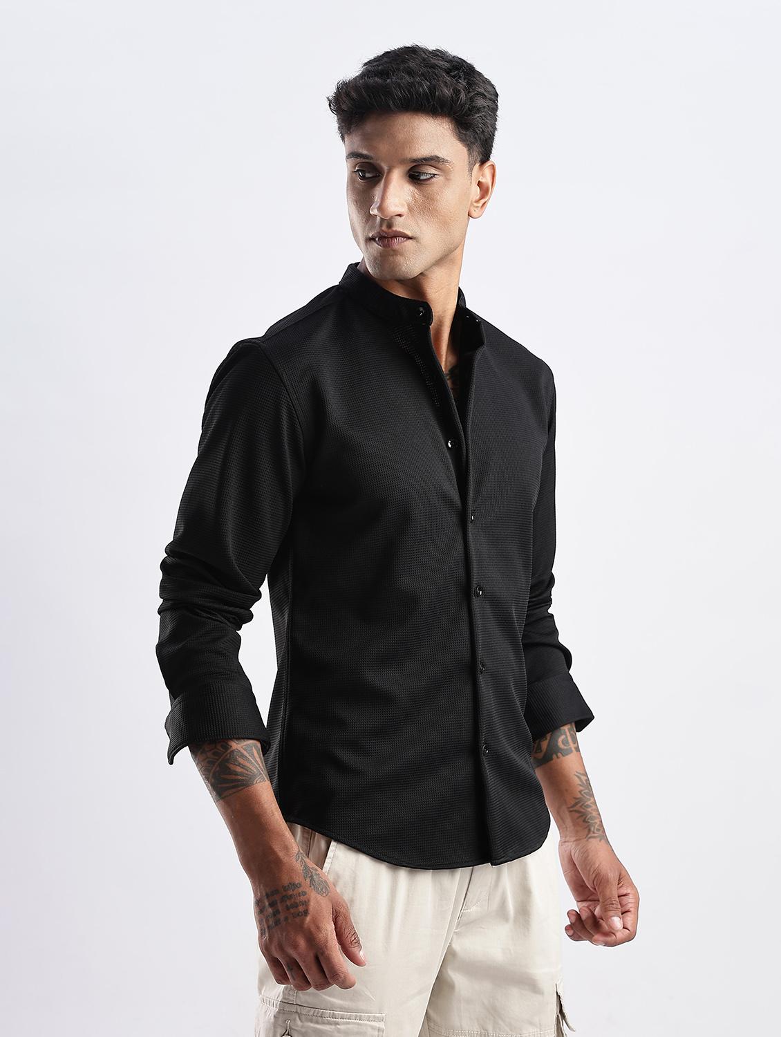 men solid mandarin collared long sleeve regular fit shirt - 22052149 - Standard Image - 1