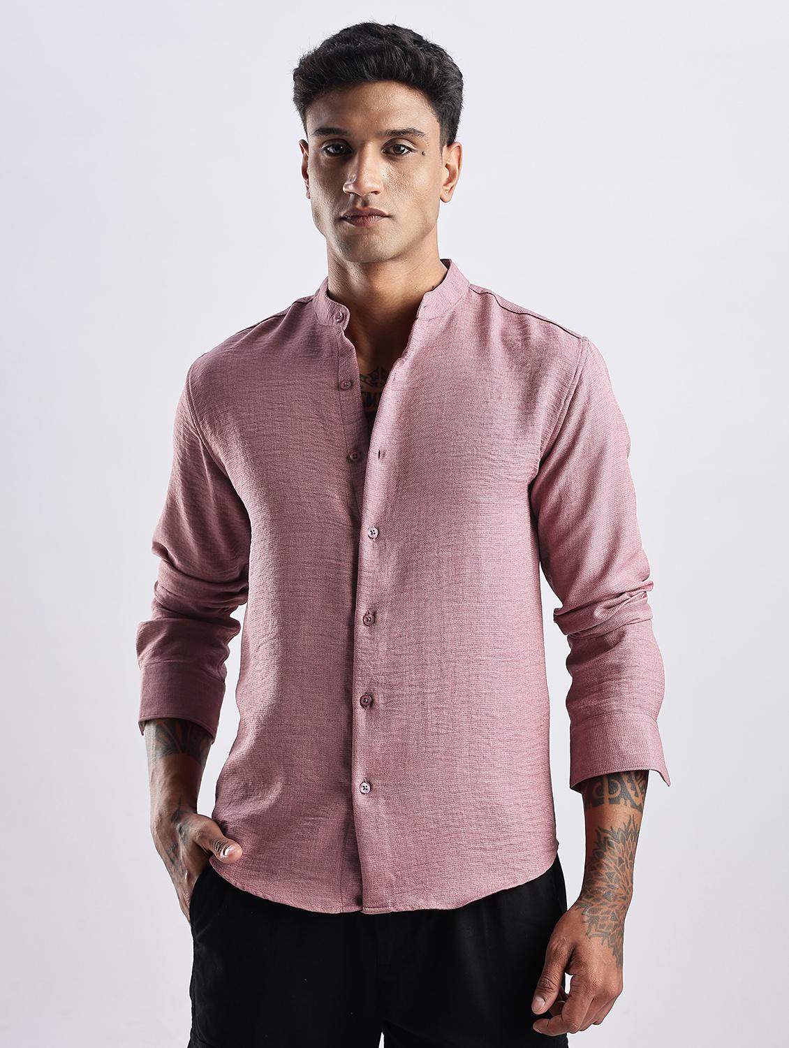 men solid mandarin collar long sleeve regular fit shirt - 22052158 - Standard Image - 1