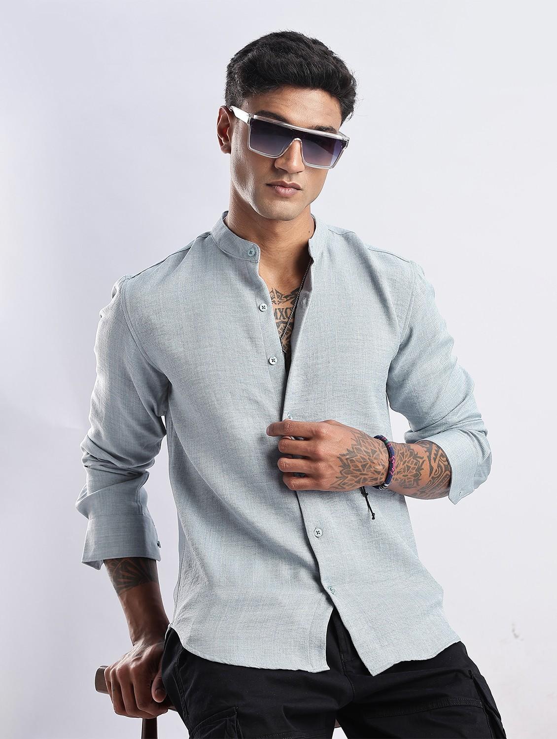 men solid mandarin collar long sleeve regular fit shirt - 22052161 - Zoom Image - 0