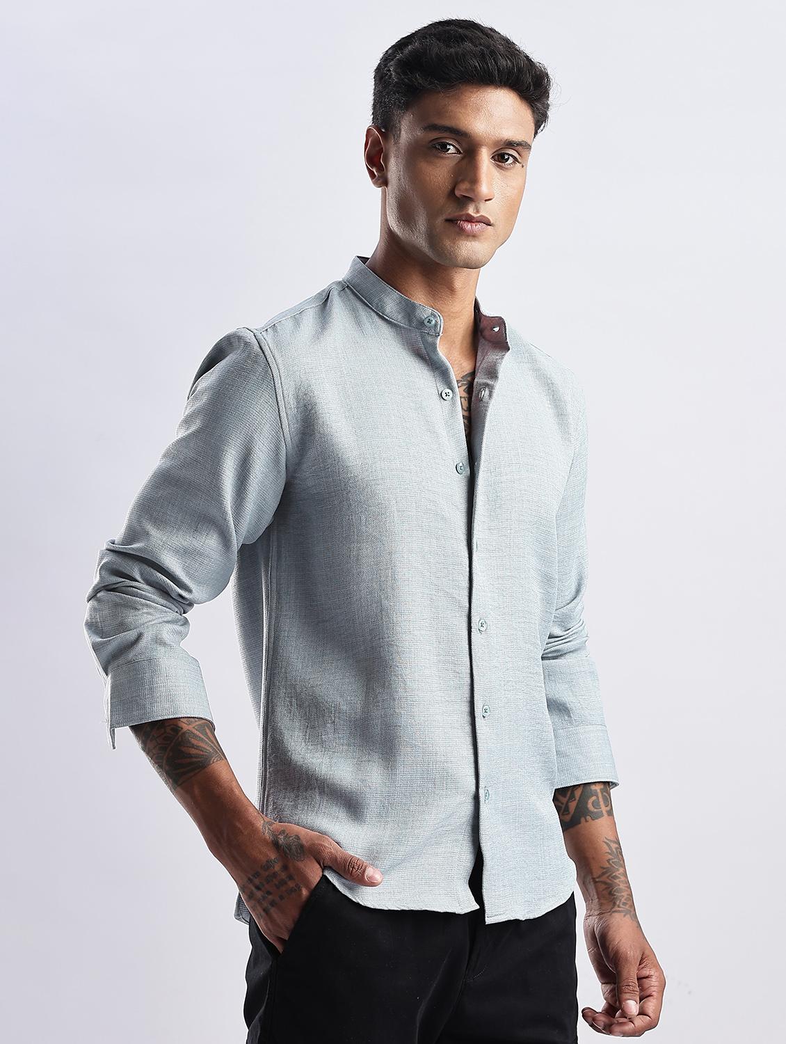 men solid mandarin collar long sleeve regular fit shirt - 22052161 - Standard Image - 1