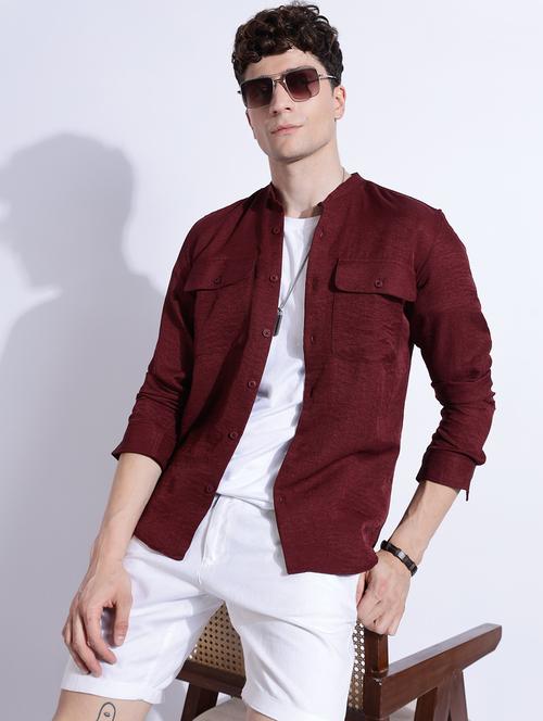 men solid mandarin collar long sleeve regular fit shirt - 22052192 - Standard Image - 0