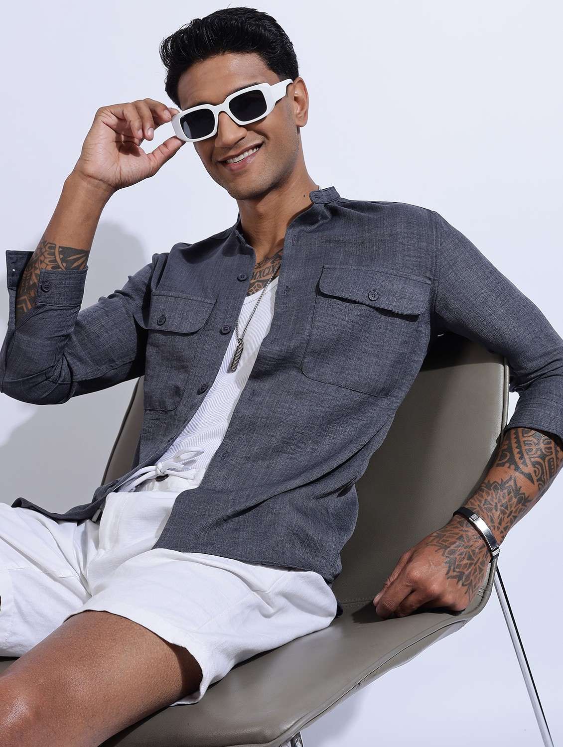 men solid mandarin collared long sleeve regular fit shirt