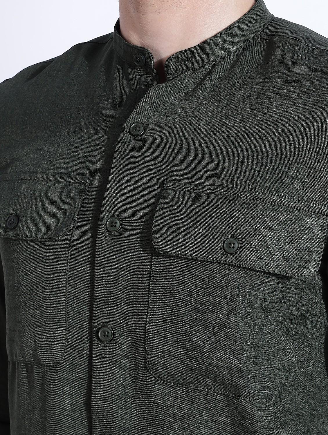 men solid mandarin collar long sleeve regular fit shirt - 22052195 - Standard Image - 1