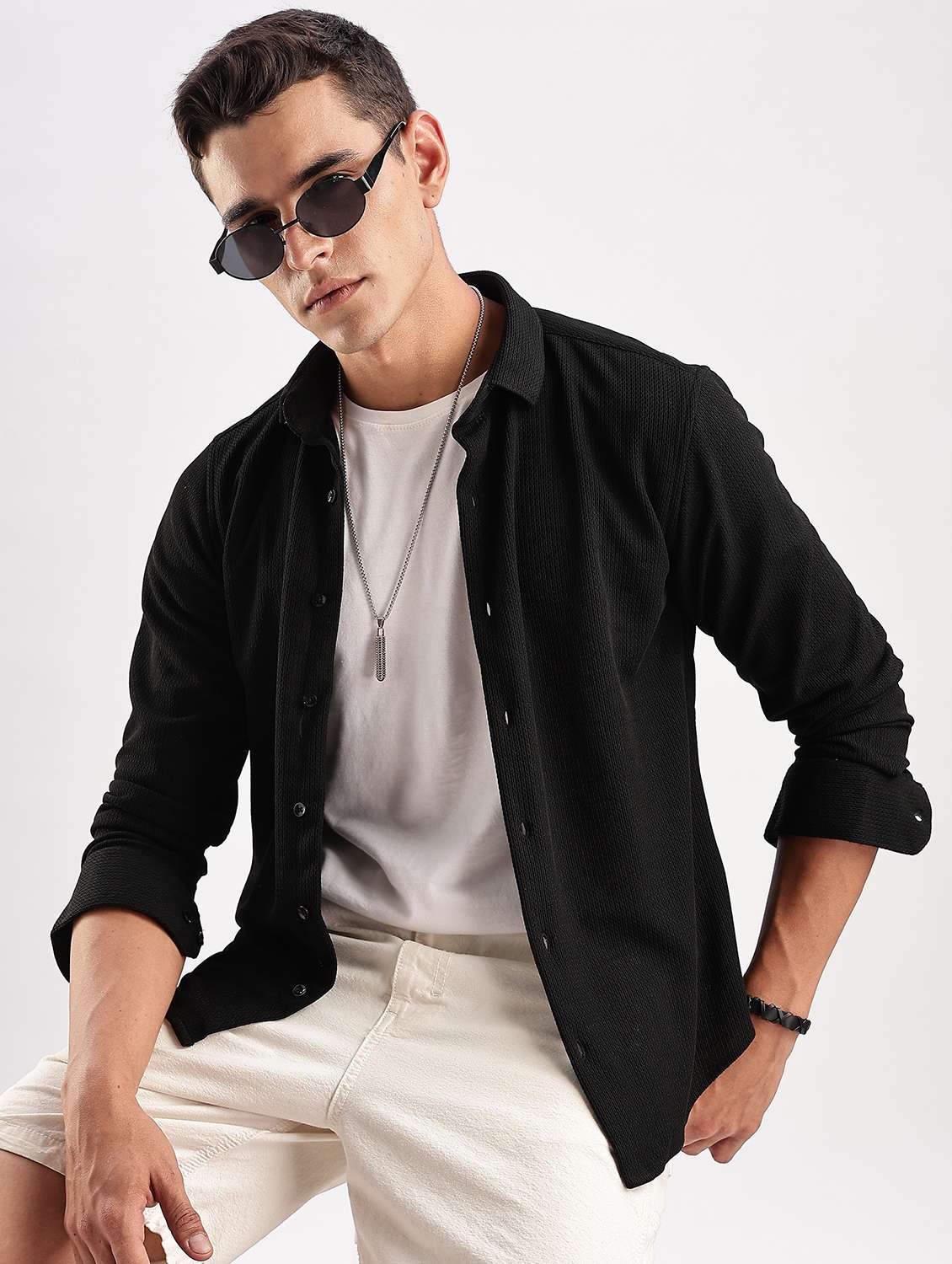 men solid collared long sleeve regular fit shirt