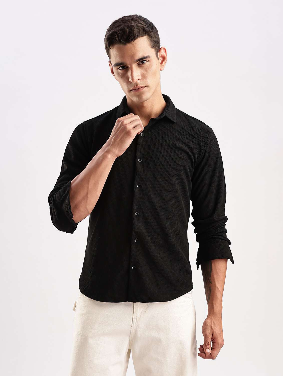 men solid collared long sleeve regular fit shirt - 22052233 - Standard Image - 1