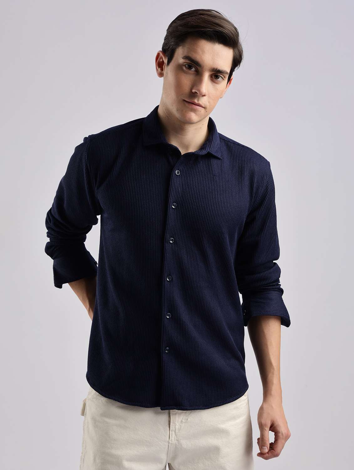 men solid collared long sleeve regular fit shirt - 22052237 -  Standard Image - 1