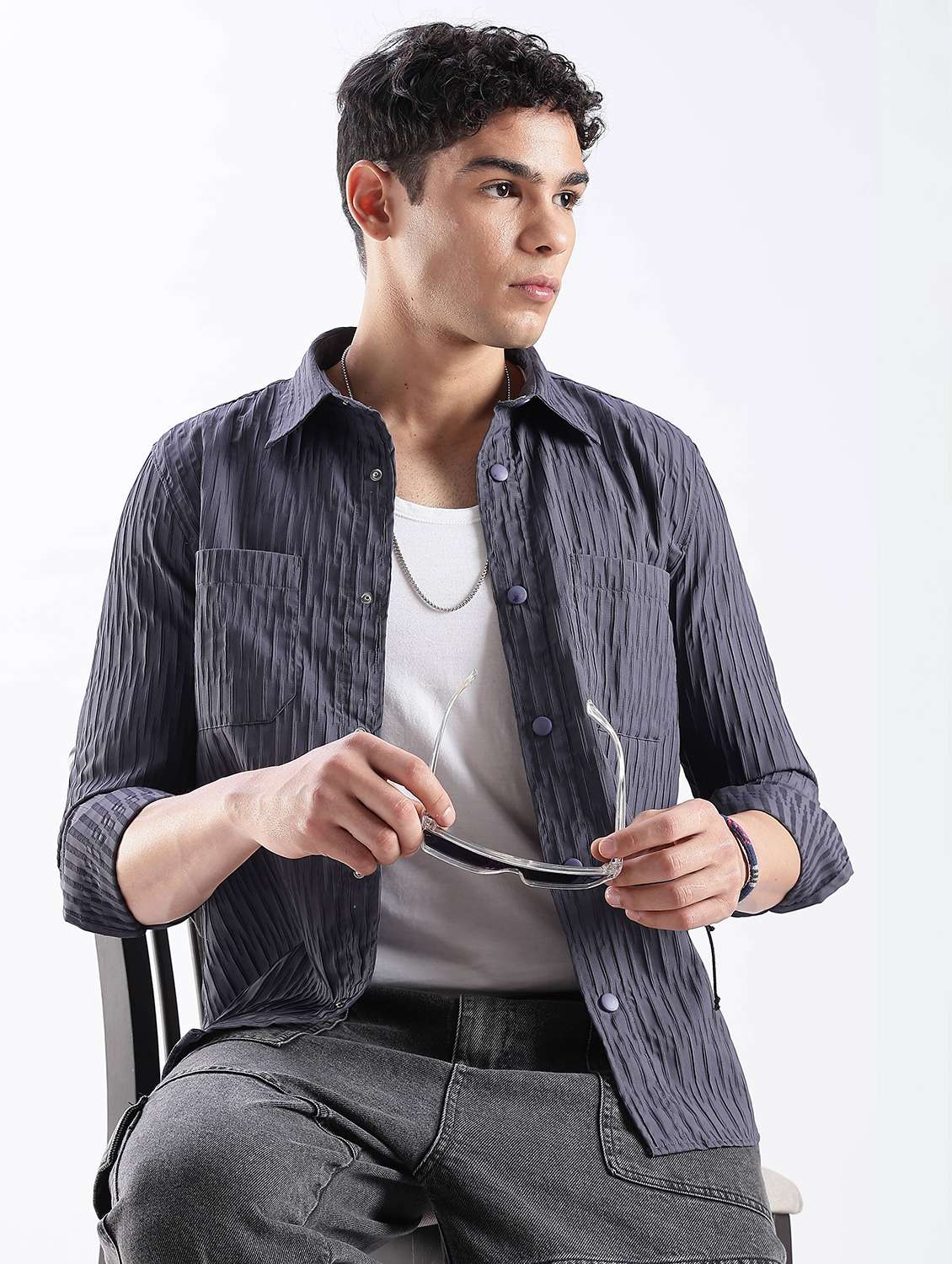 men solid collared long sleeve regular fit shirt