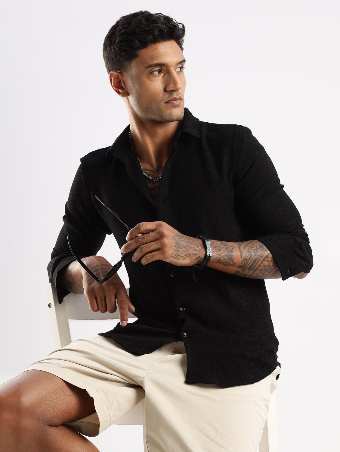men solid collared long sleeve regular fit shirt - 22052274 - Standard Image - 1