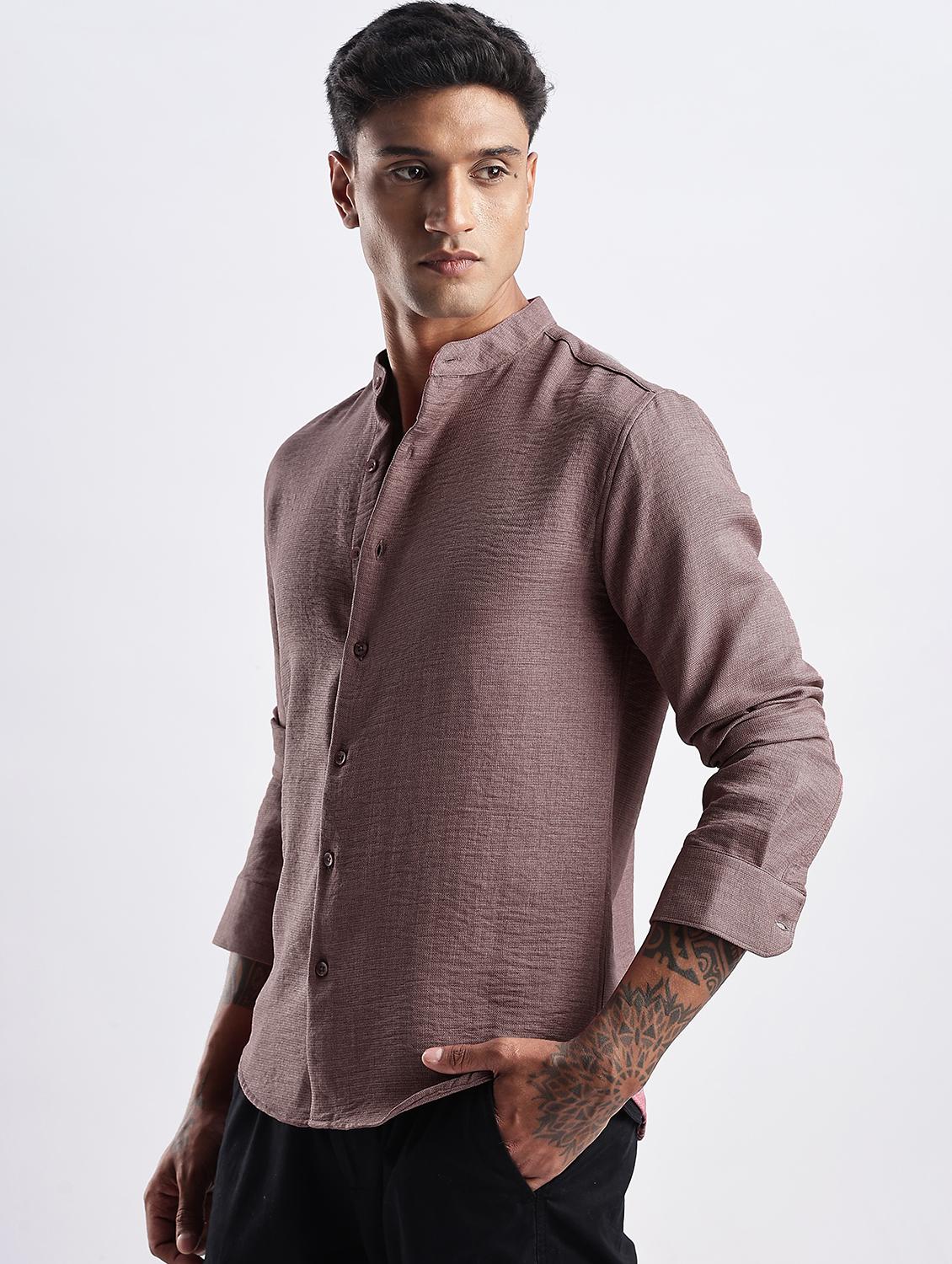 men solid mandarin collar short sleeve regular fit shirt - 22052275 - Standard Image - 1