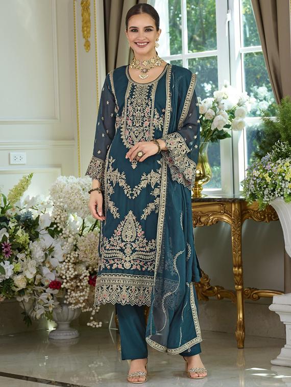 women solid with work long sleeve kurta pant with dupatta set - 22052726 - Zoom Image - 0