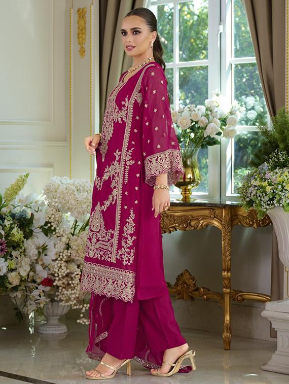 women solid with work long sleeve kurta pant with dupatta set - 22052727 - Standard Image - 1
